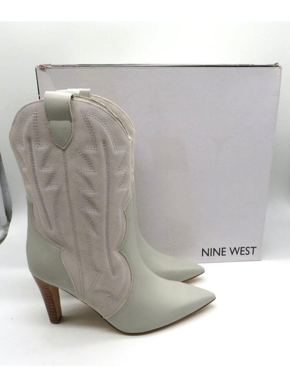Nine West Alama Ivory Western-Style Heeled Boots 5.5M Pointed Toe NEW